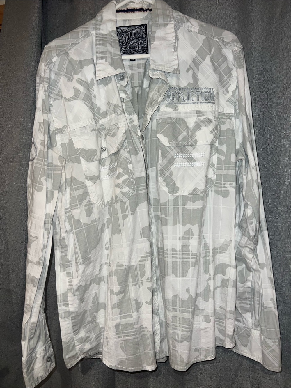 Affliction White & Light Gray Camouflage Plaid Button-Down Shirt